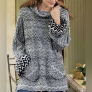 Soft Surroundings Alma Oversized Tunic Sweater Cowl Neck Grey Black Size Medium